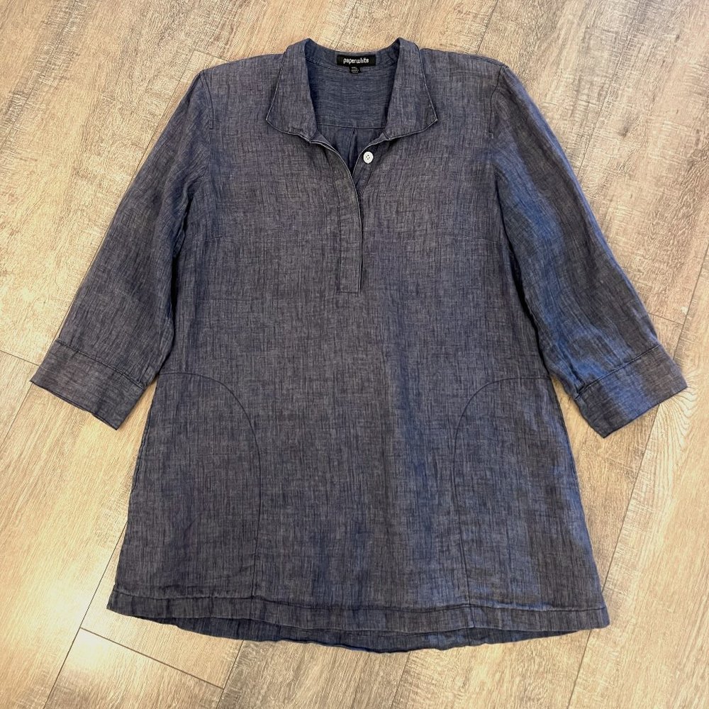 Paperwhite Tunic 100% Linen Women's 12 Blue Gray Collared 3/4 Sleeve